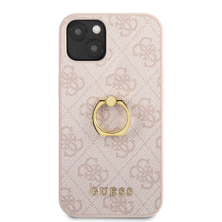 CG MOBILE Guess PU Leather 4G Case with 360° Rotating Ring Grip Holder Stand Compatible for iPhone 13 (6.1") Suitable with Wireless Charging Officially Licensed - Pink