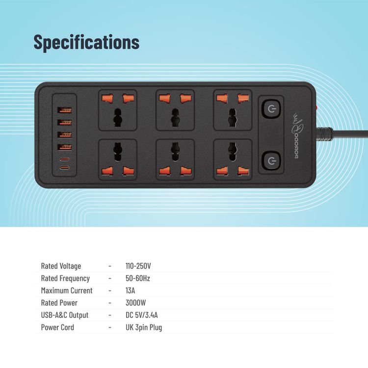 Porodo 6AC-Dual Switch Universal Power Strip with Premium Material, Power Switch Control, Safety Shutter, 13A Maximum Current - Black  