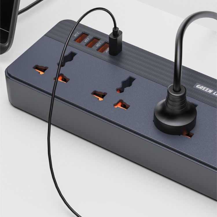 Green Lion GS-250 Power Socket 2500W, Fast Charging, Lightning & Overload Protection, UK Plug 2M Power Cord, Flame Retardant, Simultaneously Charging, 4 USB ports, 5 AC plugs, 250V Voltage - Black
