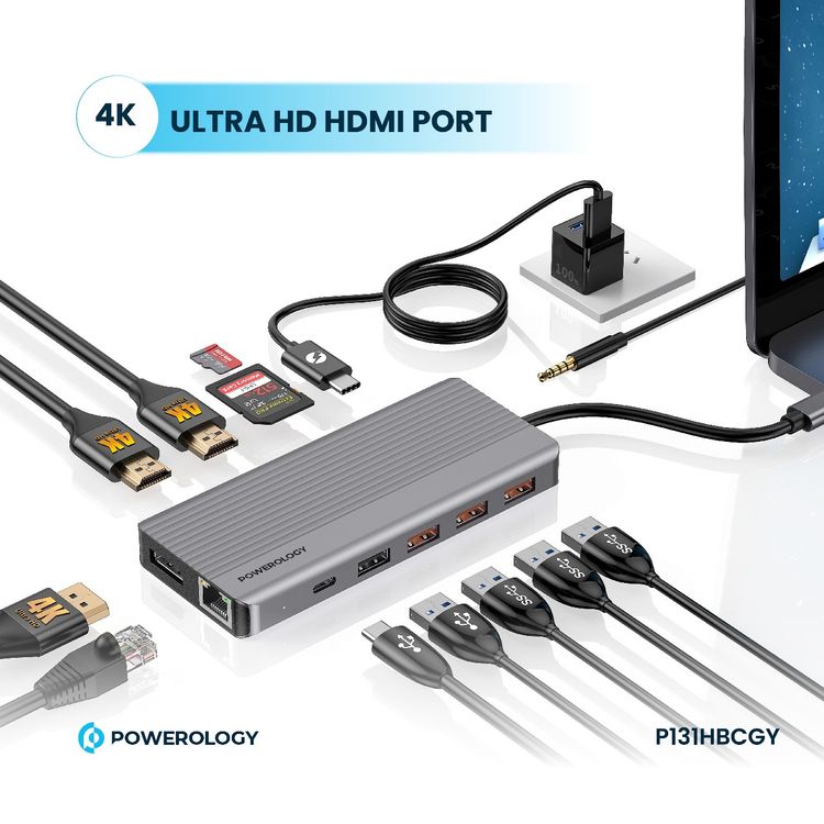 Powerology 13-in-1 USB-C Hub, 4K, HDMI, Type-C, 100W PD, Ethernet, USB SD MicroSD, 3.5 AUX - Gray