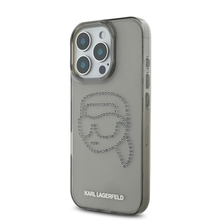 جراب Karl Lagerfeld IML الصلب مع شعار Karl Head مرصع بأحجار الراين لهاتف iPhone 16 Pro، شعار Karl Head، سهل التركيب