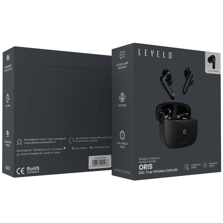 Levelo Oris ENC True Wireless Earbuds with Environmental Noise Reduction, Google & Siri Assistant, Hi-Fi Bass, Game/Music Modes, 280mAh Battery Capacity, 21 Hours Playtime - Black