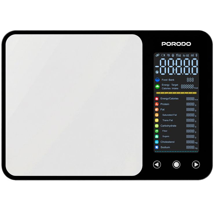 Porodo Kalio Smart Food Kitchen Scale with 3-5000g Weighing Range, IPX5 Water Resistant, Tempered Glass Platform, 5°C to 40°C Operating temperature - Silver 