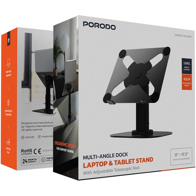 Porodo Laptop & Tablet Stand with Multiple Angle Dock, Adjustable Telescopic Rod, 1.6kg Weight Support, 43cm Adjustable Height, ABS & Silicone Material, Anti-Slip Base, 11"-17.3" Device Compatibility - Black