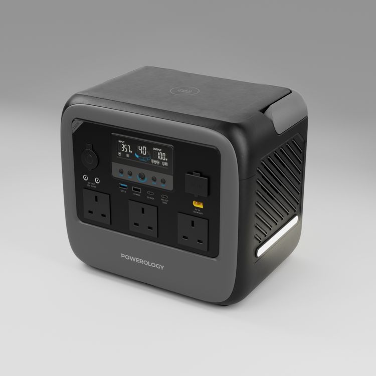 Powerology Pater III Portable Power Station with 1200W Rated Power, 2400W Peak Power, 945Wh Battery Capacity, 230V Voltage, Efficient 350W Max Solar Input, PD 100W Max USB-C Output, 15W Wireless Output, 120W Max Car Port Output, 3x AC Outlets, Power Monitoring Display, Built-in Safeguards - Gray