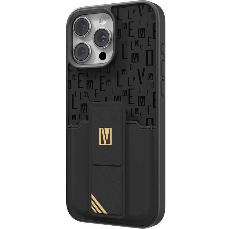 حافظة Levelo Morphix Gripstand مع حامل بطاقات لهاتف iPhone 16 Pro، حامل بطاقات مدمج، زوايا مقاومة للصدمات، ملمس نحيف بدون غطاء، حافة كاميرا مرتفعة، مادة فائقة المتانة - أسود