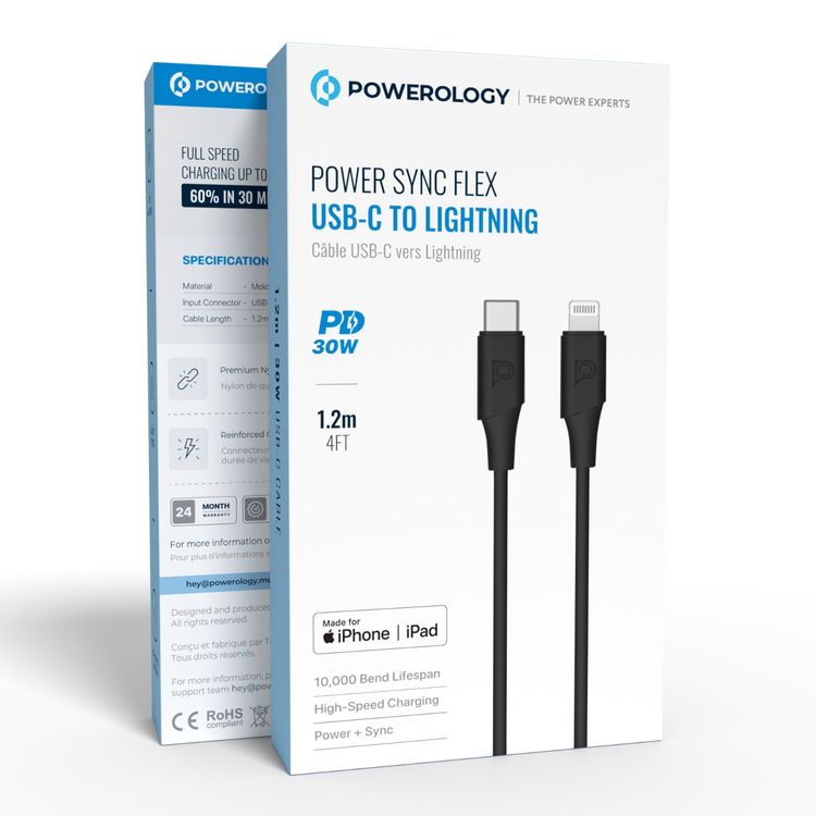 كابل باورولوجي باور سينك فليكس من USB-C إلى Lightning بطول 1.2 متر، عمر افتراضي 10000 انحناء، شحن سريع ونقل بيانات، مصنوع من مادة TPE مقولبة، سرعة نقل بيانات تصل إلى 480 ميجابت في الثانية، توصيل طاقة 30 واط - لون أسود.