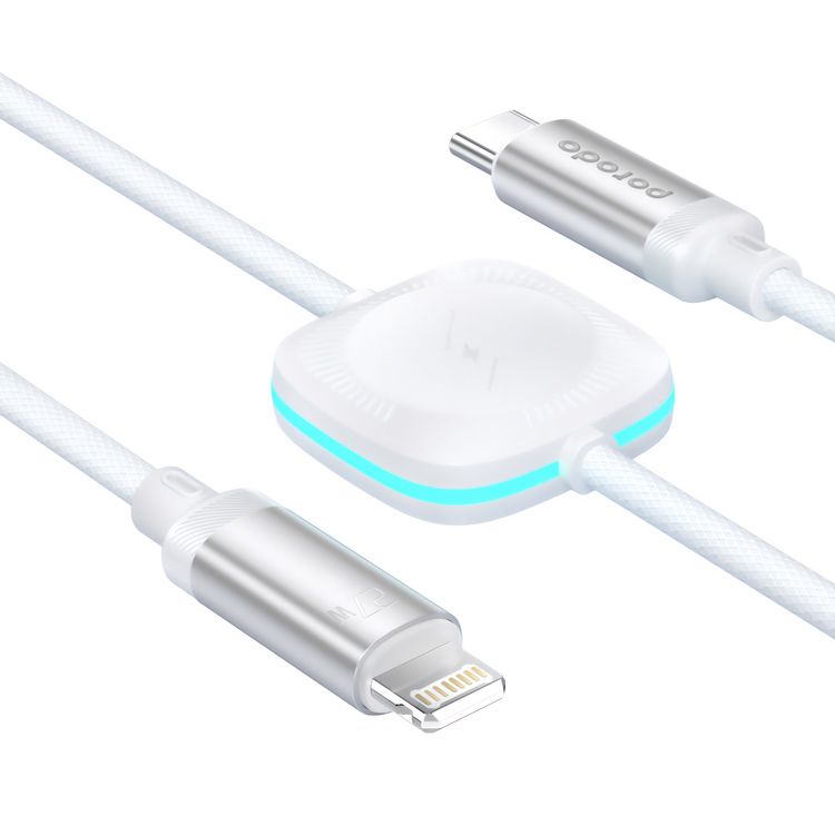 كابل Porodo للشحن والبيانات المضفر USB-C Lightning، وتقنية الشحن المزدوج للساعة - أبيض - 1.2M