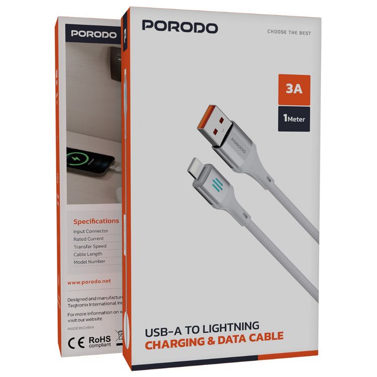 كابل شحن ونقل بيانات من بورودو USB-A إلى Lightning بتيار 3 أمبير، معدل نقل بيانات 480 ميجابت في الثانية، طول الكابل 1 متر، مادة مضفرة متينة، مانعة للتشابك، شحن مثالي، متانة محسنة - فضي