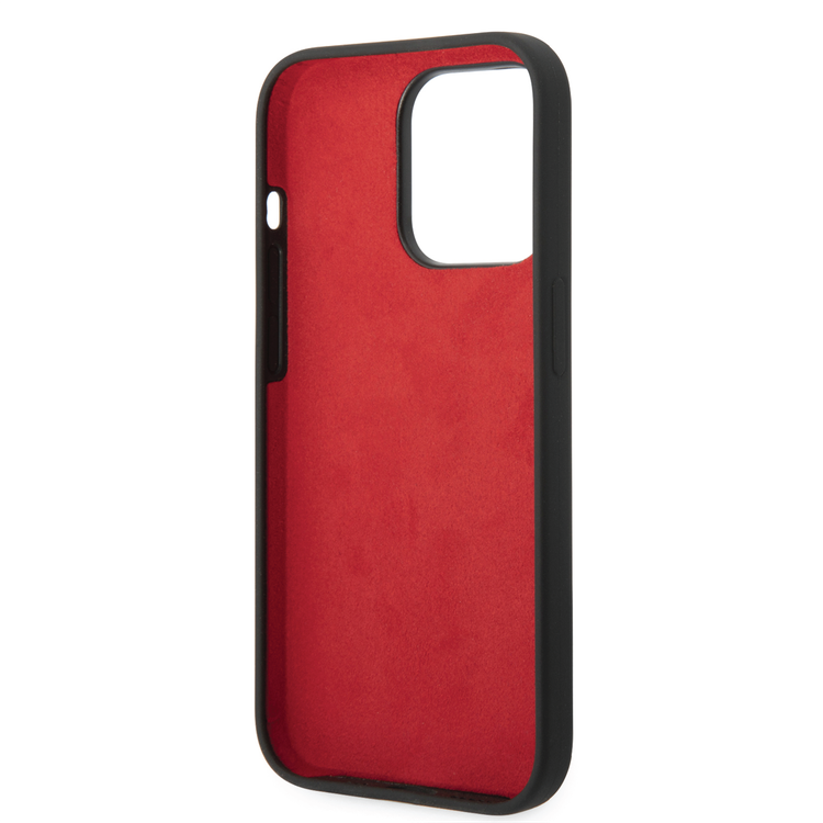 Ferrari Liquid Silicone Case with Black Camera Outline & Metal Logo iPhone 14 Pro Compatibility - Black