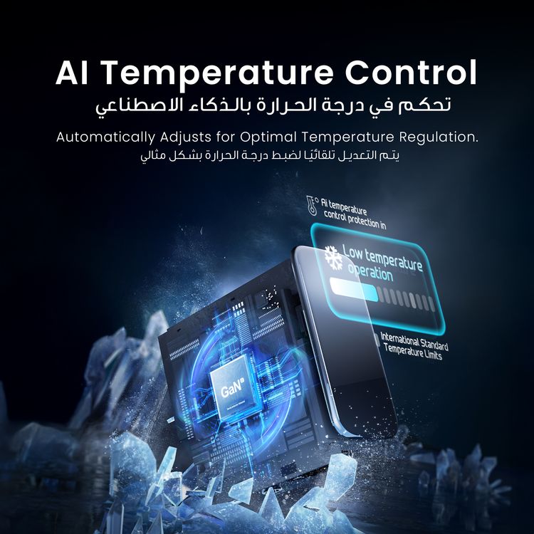 Powerology Voltflow GaN Wall Charger with PD 140W, Single USB-A & Triple USB-C Ports, Ai Temperature Control, Fast Charge Support, Multiple Device Compatibility, TFT Smart Display Interface - Black