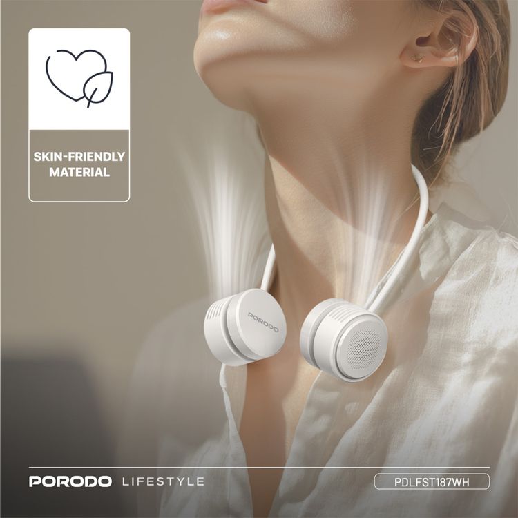 مروحة العنق بدون شفرات Porodo AirFlex مع 3 مستويات سرعة، مع وقت عمل يصل إلى 5 ساعات، بطارية بسعة 1600 مللي أمبير، واجهة شحن USB-C، مادة لطيفة على الجلد، تصميم رقبة مرن - أبيض