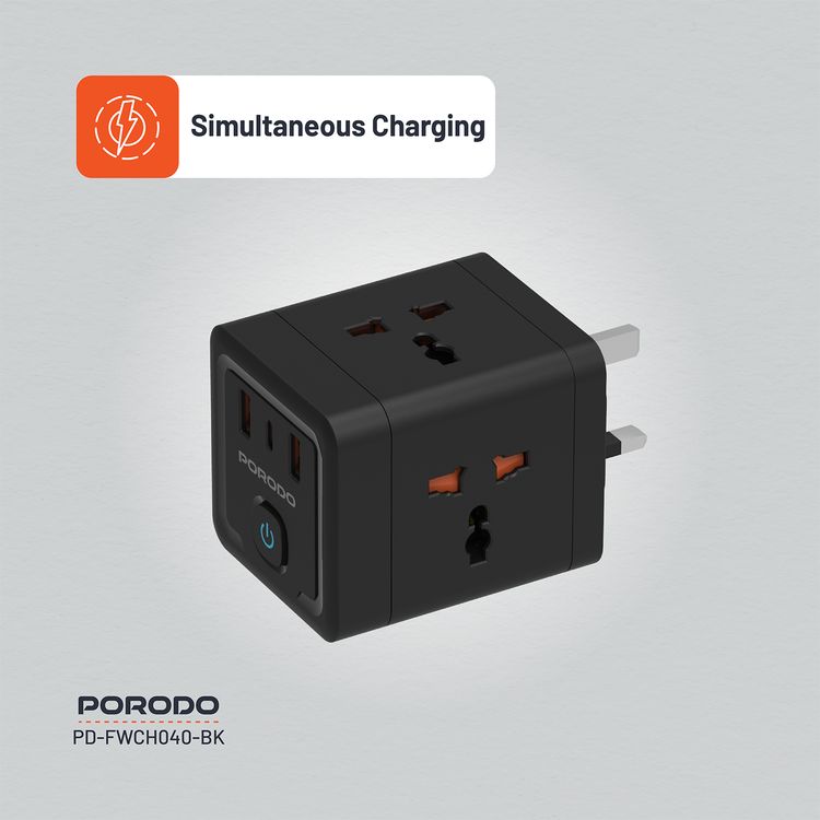 Porodo 4-AC Universal Power Block Adapter with USB-C & Dual USB-A Ports, Fast Charge, 20W Power Delivery, Built-in Safeguards, Simultaneous Charging, 2500W Rated Power - Black