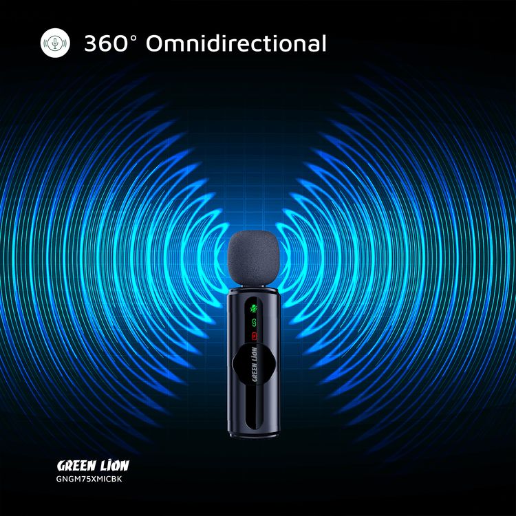 ميكروفون غرين ليون GM-76X مع تقليل الضوضاء بثلاث مستويات، يعمل لمدة 5 ساعات، بزمن تأخير أقل من 30 ميلي ثانية، ميكروفون واحد، موصلات USB-A وType-C وLightning - أسود