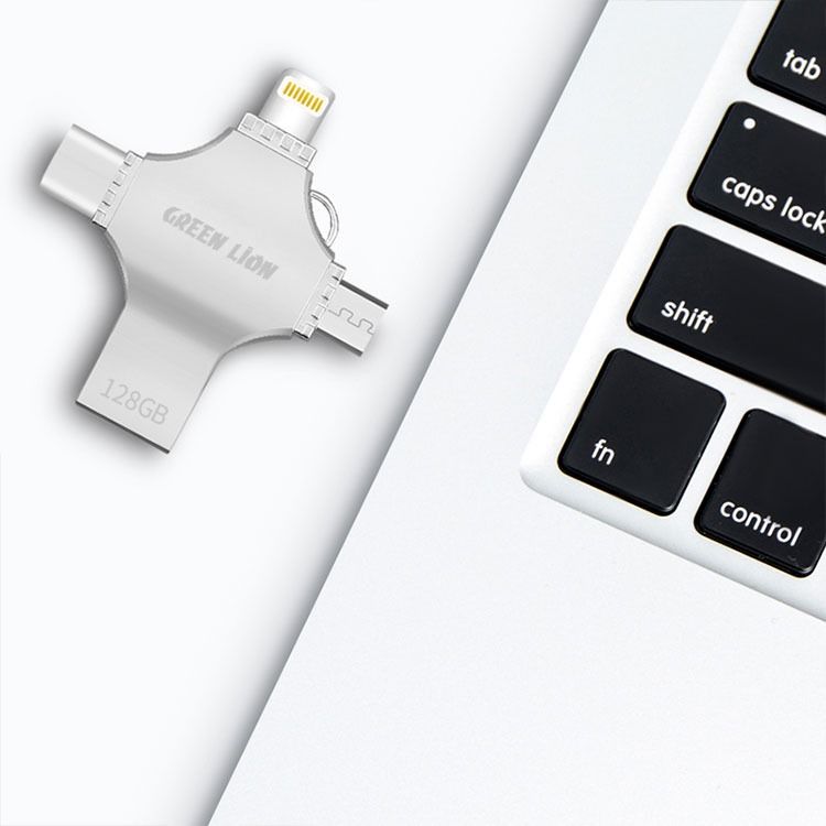 Green Lion 4-in-1 USB Flash Drive 128GB with High Speed Data Transfer, USB-A, USB-C, Micro USB & Lightning Connectors - Silver