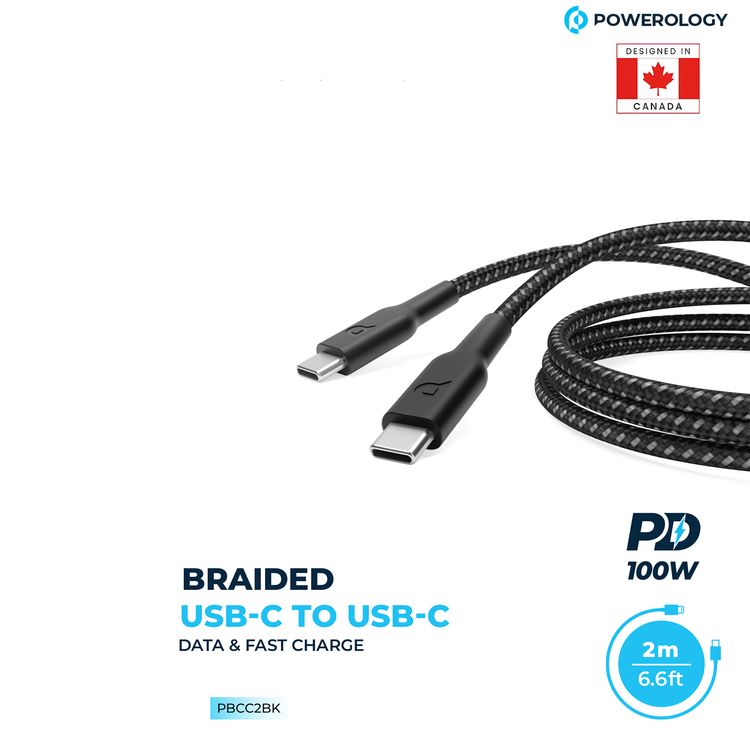  Powerology USB-C to USB-C Braided Cable with 100W Power Delivery, Over Heat & Current Protection, Fire-Resistant PVC Material, Fast Charge & Data Sync, 2m Cable Length - Black