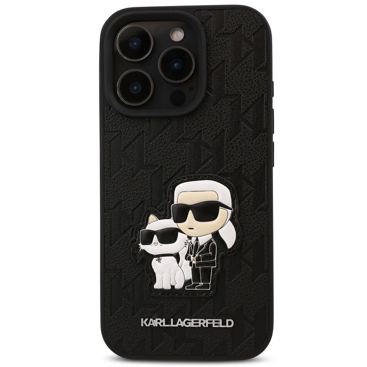 Karl Lagerfeld PU Hard Case for iPhone 16 Pro Max with Monogram Karl & Choupette Patch, Slim Profile, Drop Protection, Lightweight, Comfortable Grip, Easy Snap-on - Black