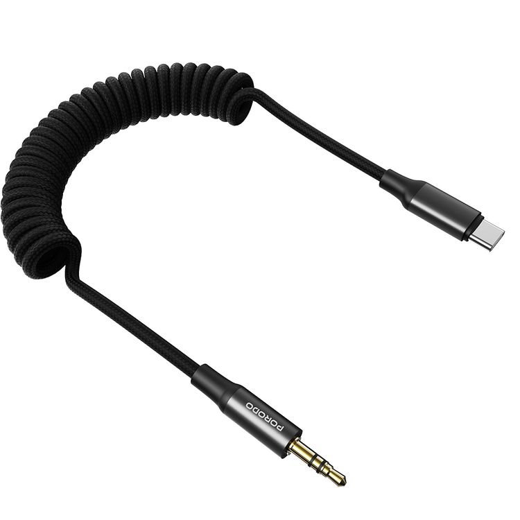 Porodo USB-C to Audio Jack Coiled AUX Cable with Universal Compatibility, 1.5m Cable Length, Coiled Design, Auto Retract, Coiled Braided + Metal Housing Material, Compatible with Smartphone/ MP3/ Speaker/ Car/Computer - Black