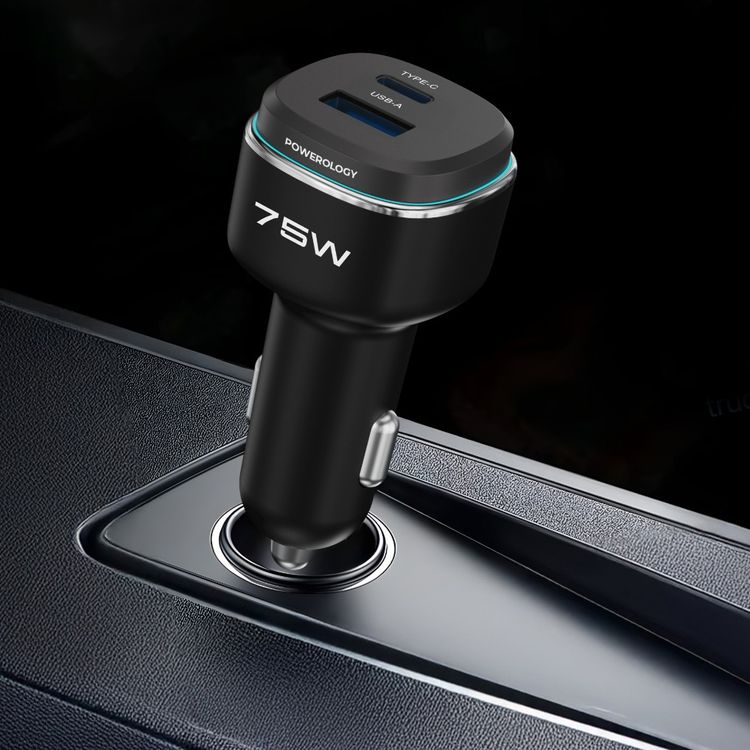 Powerology 75W Dual-Port High-Power Car Charger, USB-C & USB-A Ports, 75W Total Output, 45W Power Delivery, LED Ambient Light, Fast Charge, Zinc Alloy - Black / Blue