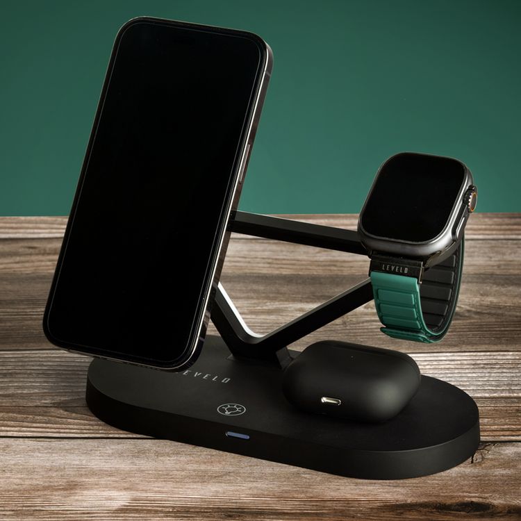 Levelo Premio 5-in-1 Wireless Charger with MagSafe Compatibility, 15W Fast Wireless Charging, Overcurrent Protection, Built-in LED Light, Automatic Object Detection - Black