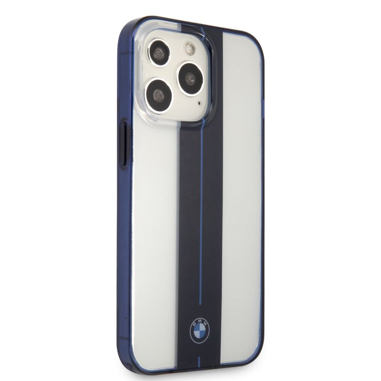 CG MOBILE BMW PC Transparent Hard Case with Navy Middle Stripe & Light Blue Line with Navy Edges Compatible for iPhone 13 Pro Max (6.7")