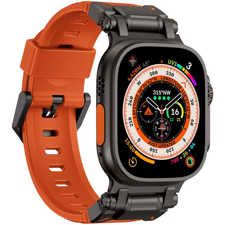 Levelo Kyoto Watch Strap, Apple Watch SE 9/8/7/6/5 (46/49mm), Fluoro Rubber & Stainless Steel Finish, Chemical Resistance, Hypoallergenic, 24/7 Wearability - Sunset Orange