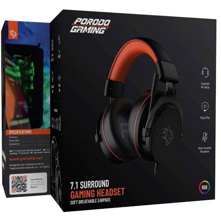 Porodo Gaming 7.1 Surround Gaming Headset with Soft Breathable Ear Pads, Noise Cancelling Microphone, 50mm Driver Size, Convenient Mic Design, 1.5m Cable Length, RGB Lights - Black
