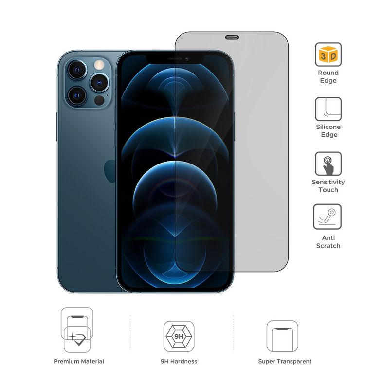 واقي شاشة Liberty Guard 3D بحواف دائرية من السيليكون الأسود لهاتف iPhone 12 Pro Max، مضاد للصدمات والتأثير - أسود