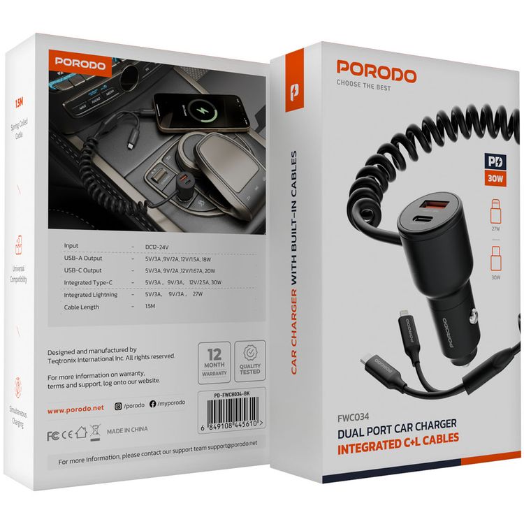 Porodo Dual Port Car Charger with Integrated C+L Cables, Adaptable, Simultaneous Charging, Universal Compatibility, 1.5m Cable Length - Black