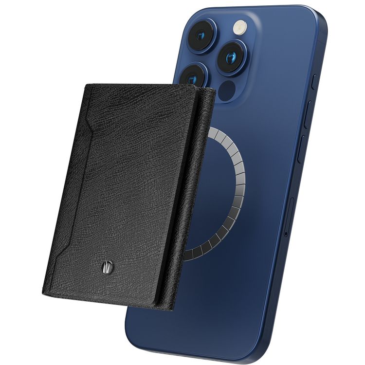 Levelo Mitte 8-in-1 MagSafe Cardholder Wallet with 17 Integrated Strong Magnets, 8 Card Slots, Saffiano Leather Material, Foldable Design - Black