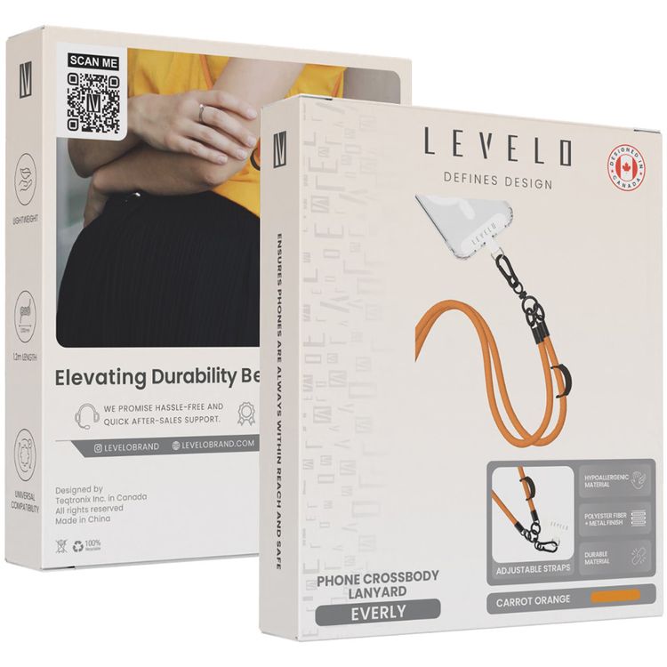 Levelo Everly Phone Crossbody Lanyard, 1.2m, Polyester Fiber, Metal Finish, Lightweight, Durable Material, Adjustable Straps, Universal Compatibility, Hypoallergenic Material - Carrot Orange