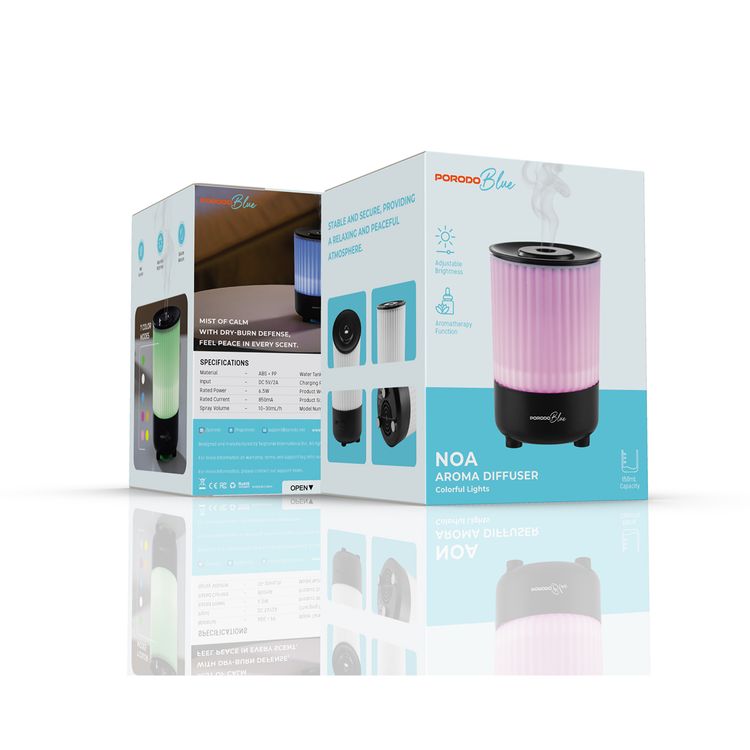 Porodo Blue NOA Portable Aroma Diffuser with Colorful Lights, Adjustable Brightness, Delicate Moisture, Aromatherapy and Mist Function,  150mL Capacity, 7 Color Modes, ABS + PC Material, 6.5 W Rated Power, USB-C Charging Port, 850mA Rated Current - Black 