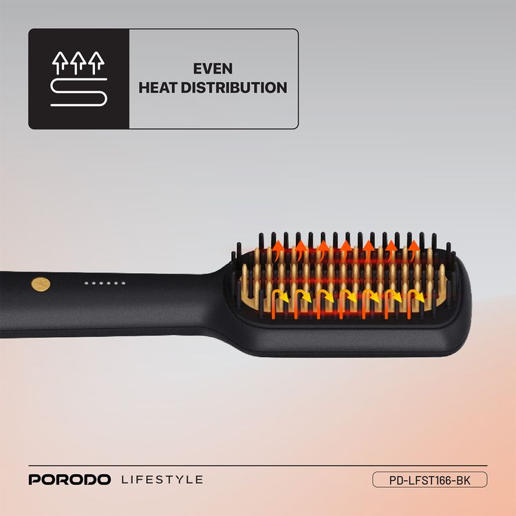 Porodo Lifestyle Electric Heated Hair Straightener Brush with 5 Temperature Settings, 30W Rated Power, 30 Seconds Fast Heating Time, 70% Frizz Reduction, Auto Shut-Off - Black