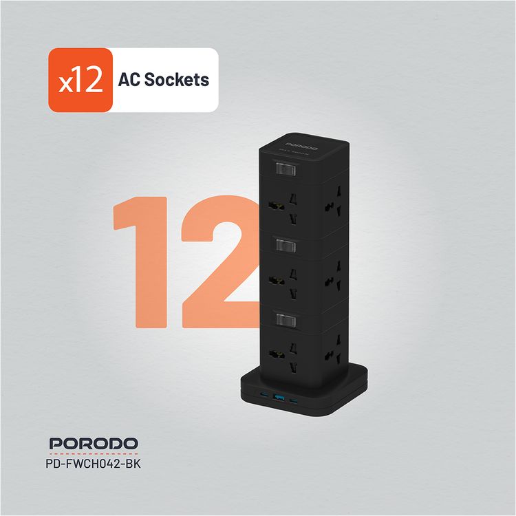 Porodo Three-Story Power Hub with USB-C PD & Quick Charge 3.0, Built-in Safeguards, 3m Cable Length, 12 AC Sockets, PC Material - Black
