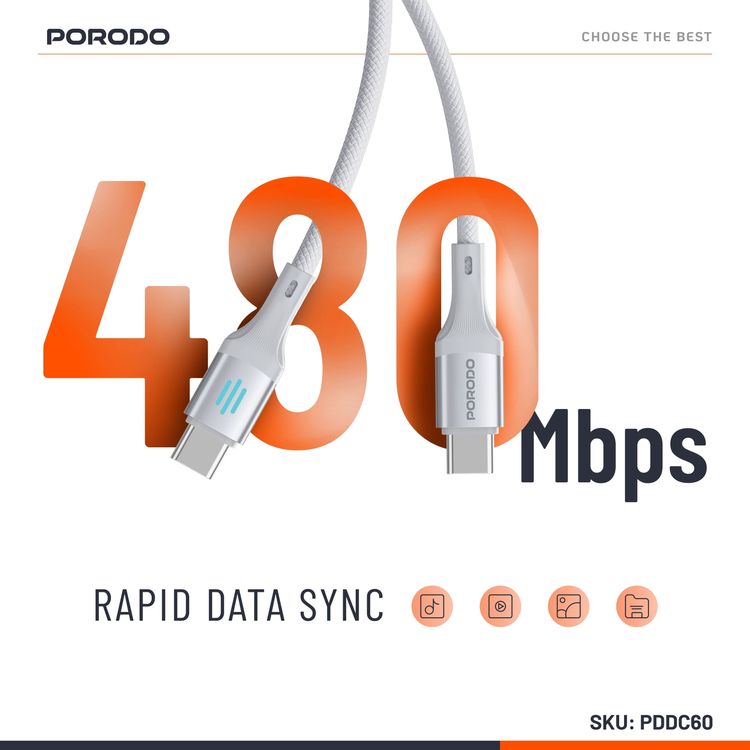 Porodo USB-C to USB-C Charging & Data Cable with 60W Power Delivery, 1m Cable Length, Braided Cable with Tangle-Free Design, 480Mbps Data Transfer Speed, Fast Charge - Silver