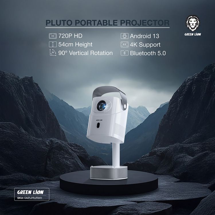 Green Lion Pluto 4K Portable Projector with High Quality Sound, Remote Control, ABS & PC Material, UK Power Plug, 30000+ Hours LED Lifespan, Wireless Screen Mirroring, Auto Keystone Correction, 8GB Storage, 90° Rotation, HDMI, USB, Wi-Fi and 5.0 Bluetooth Version Connectivity - White