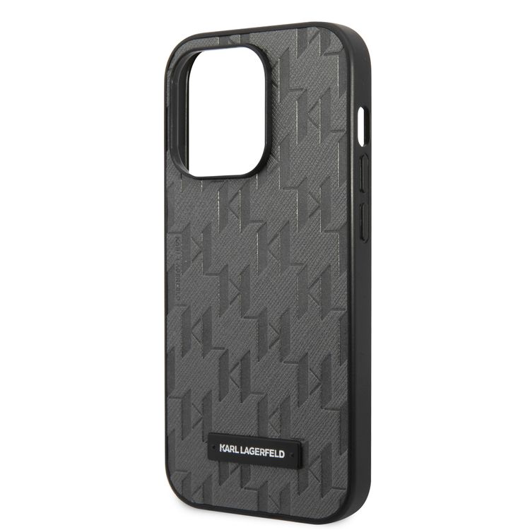 Karl Lagerfeld Saffiano Monogram Case with Metal Plate Logo iPhone 14 Pro Max Compatibility - Grey