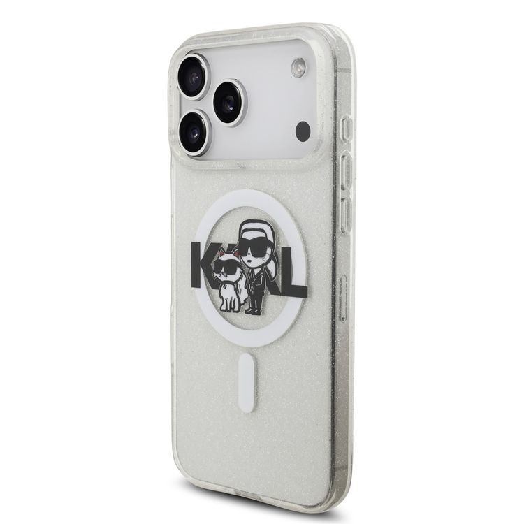 غطاء Karl Lagerfeld MagSafe IML Glitter مع رؤوس Karl & Choupette لهاتف iPhone 17 Pro Max، حماية من الصدمات، تصميم نحيف وخفيف الوزن، تثبيت سهل، قبضة مريحة، تغليف مستدام - شفاف