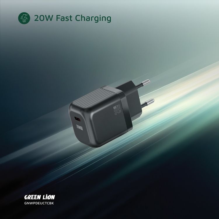 Green Lion Ultra Compact GaN Wall Charger with Single USB-C Port and USB-C to USB-C Cable, PC Flame Retardant Material, Fast Charging Support, Charging Protection, Universal Compatibility, Ultra Portable - Black