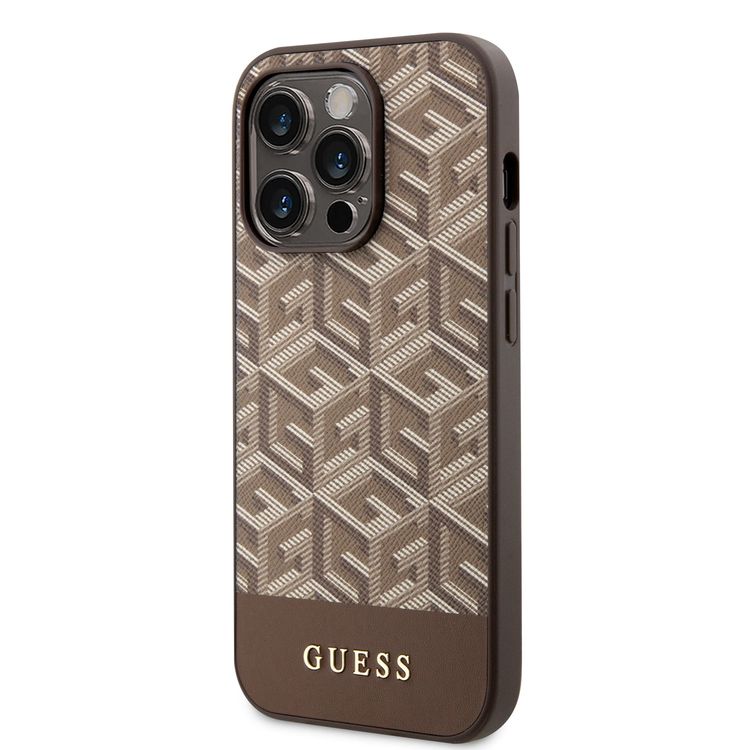 Guess Magsafe Leather Case with Gcube Stripe Pattern - Brown - iPhone 15 Pro