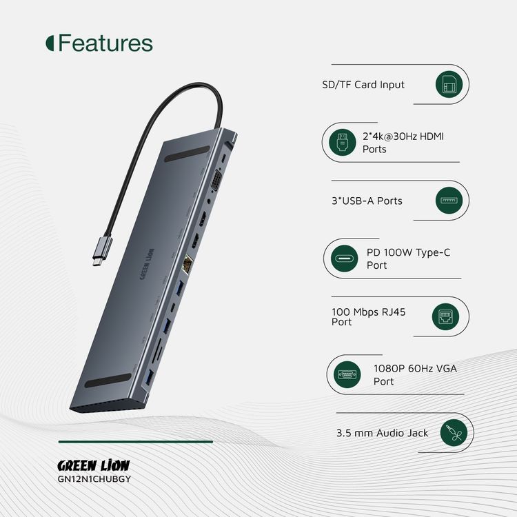 Green Lion 12-in-1 4K HDMI Ethernet USB-C Hub with 3× USB-A, 2× USB-C, 2× HDMI, SD/TF Card, RJ45, VGA & AUX Ports, Aluminum Alloy Material, 100Mbps Fast Ethernet, 29cm Cable Length, 5Gbps Data Transfer, Non-Slip Surface - Gray