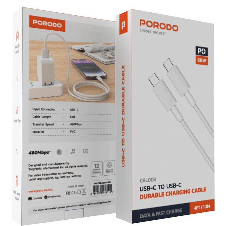Porodo USB-C to USB-C PVC Cable with 480Mbps Transfer Speed, 60W Power Delivery, more than 15000 Bends Life Span, 1.2m Cable Length, Tangle Free - White