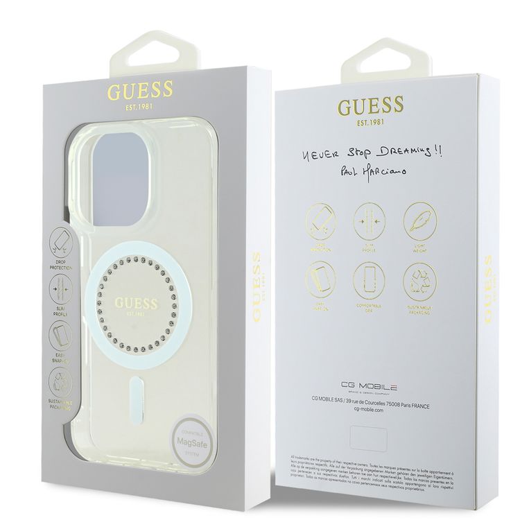 GUESS MagSafe IML Hard Case with Rhinestones Design for iPhone 16 Pro Max, Easy Snap-On, Drop Protection, Slim Profile - White