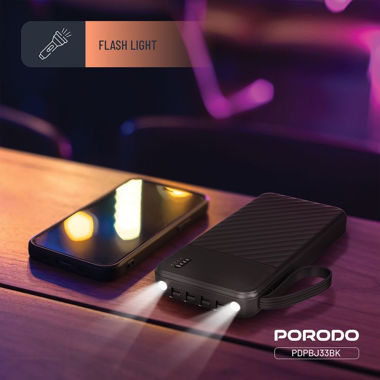 Porodo Piano 10000mAh Power Bank with Flashlight, Portable Handle, Phone Stand, 4 Integrated Cables, USB-A & USB-C & Micro Ports, Fast Charge Support, Universal Compatibility - Black