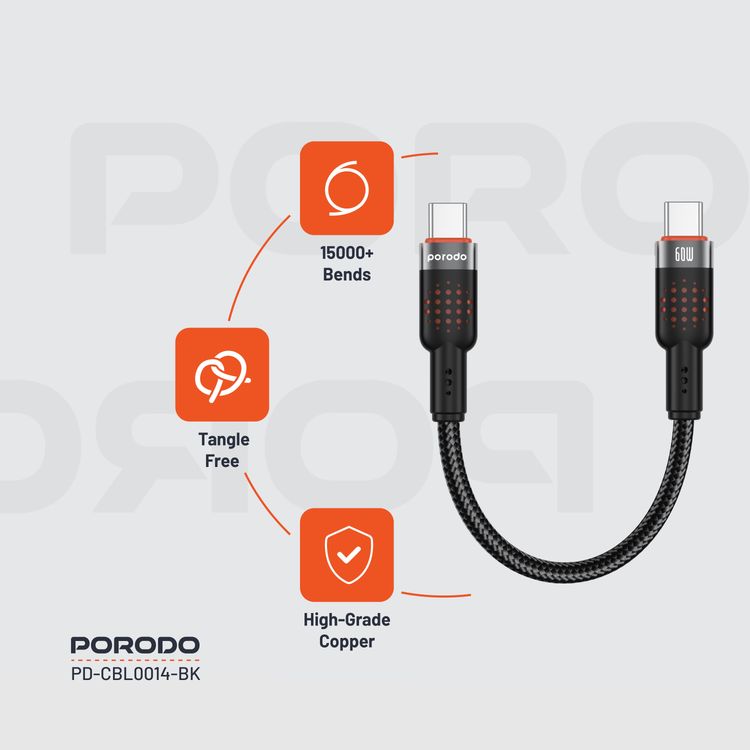 Porodo  Aluminum Alloy 25cm Braided Cable Type-C to C, PD 60W, 480Mbps Transfer Speed, more than 15000 Bends Life Span, Tangle Free - Black