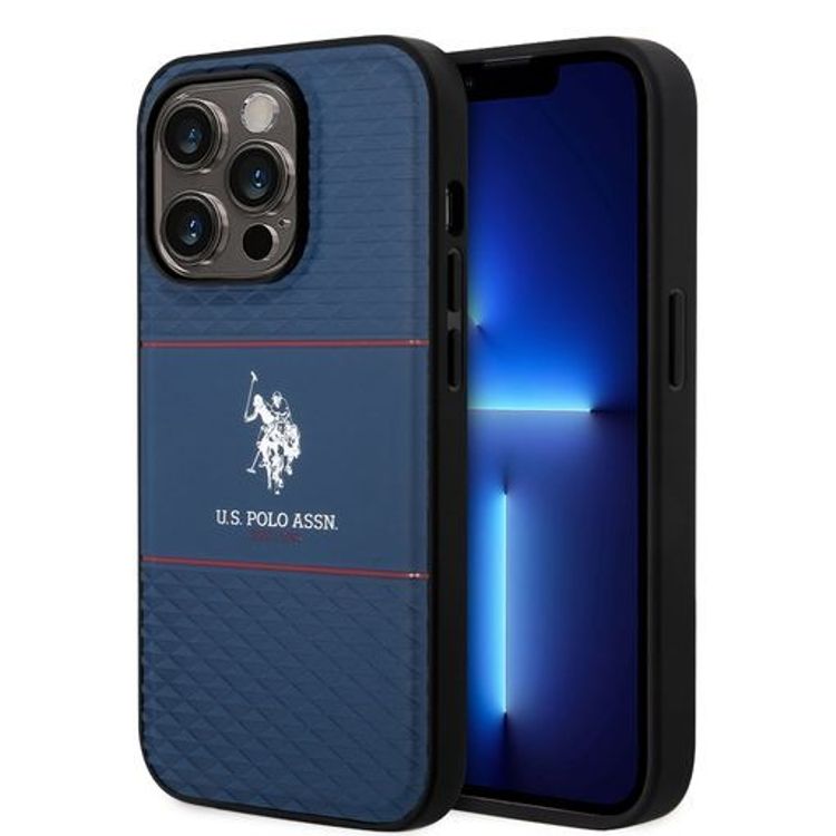 حافظة صلبة مخططة من US Polo لهاتف iPhone 14 Pro - البحريه الزرقاء