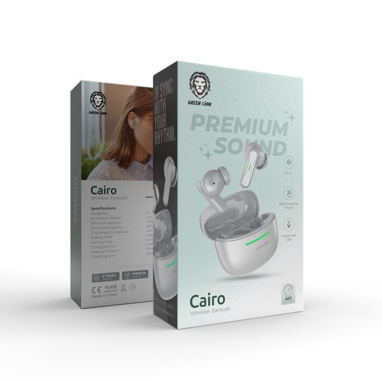 سماعات أذن لاسلكية من Green Lion Cairo بتقنية ENC وTWS، مكالمات بدون استخدام اليدين، شاشة لمس متعددة الوظائف، وقت تشغيل يصل إلى 4 ساعات، منفذ شحن من النوع C - رمادي