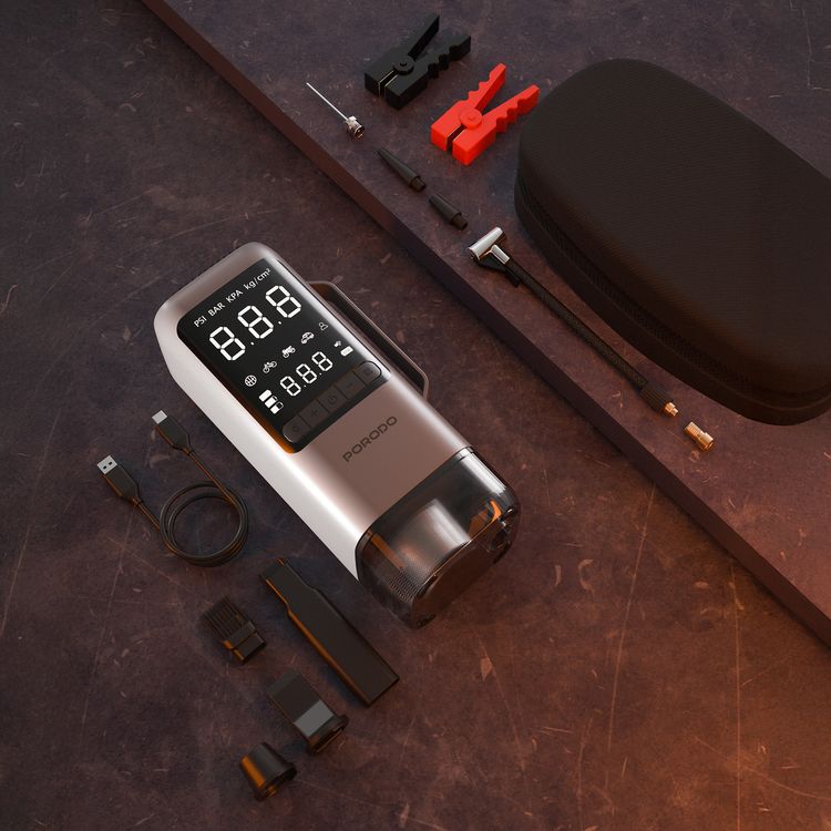 Porodo 6-in-1 Multifunction Power Tool with 8000mAh Power Bank, 1000A Jump Starter, 273m/s Blower, 5000Pa Car Vacuum, 200 Lumens LED Lights with SOS Mode, 22L/min Tire Inflator, 284m/s Suction Speed, 5000Pa Max Pressure, 1m USB-C Cable, 35cm Air Hose Length - Black / Gray