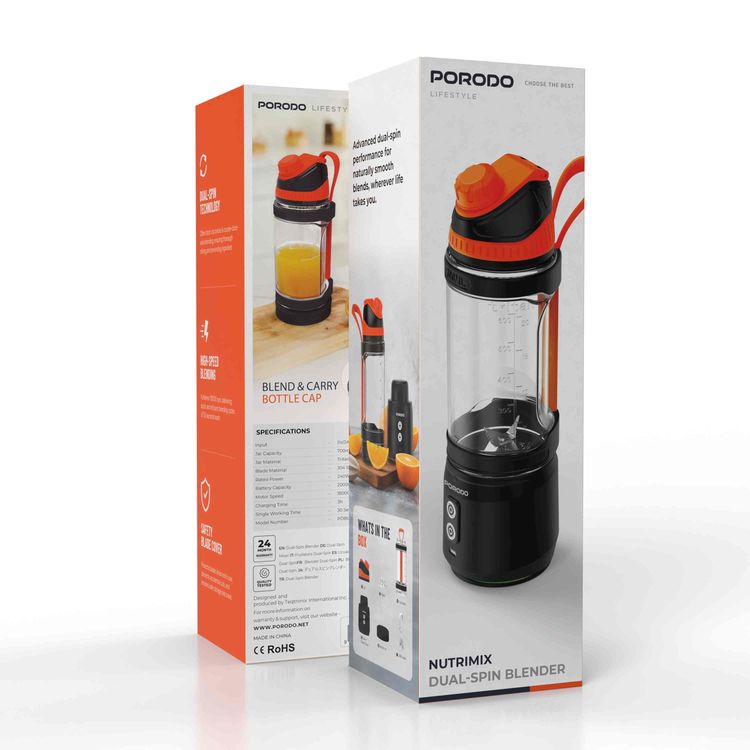 Porodo Lifestyle Nutrimix Dual-Spin Blender with 700mL Jar Capacity, Tritan Jar Material, 304 Stainless Steel Blade Material, 3× 2000mAh Battery Capacity, 3 Hours Charging Time, 30 Seconds Per Cycle Single Working Time, Safety Blade Cover - Black