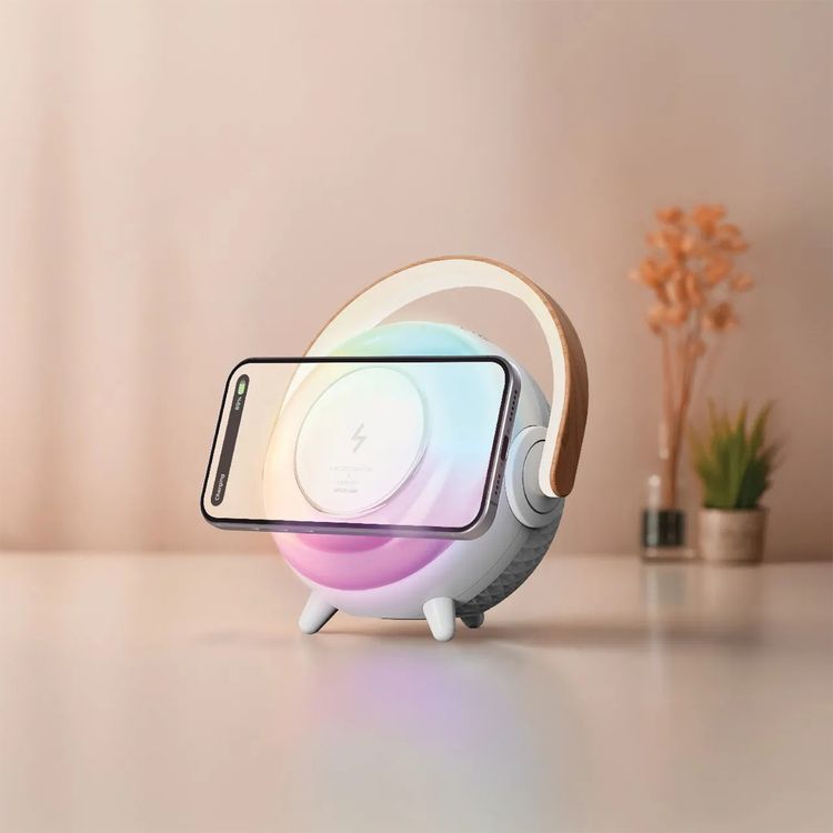 شاحن لاسلكي ومكبر صوت جرين ليون أورانوس مع مصباح بجانب السرير، 8 أوضاع ألوان، بطارية 1800 مللي أمبير، طاقة 5 واط، إصدار بلوتوث 5.2، أزرار تحكم، وقت عمل من 3-6 ساعات، 5 مستويات سطوع - أبيض